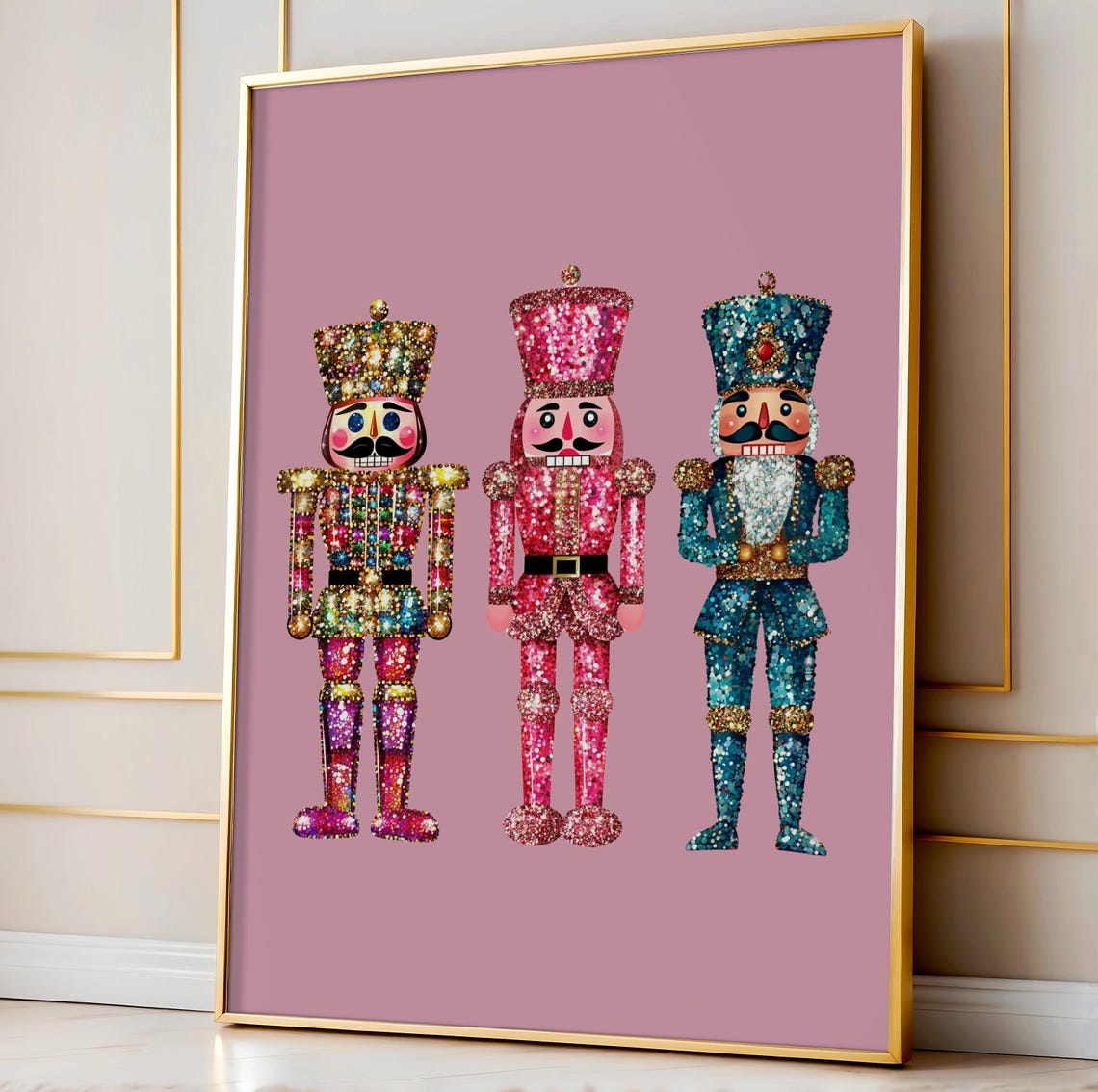 Glitter Nutcracker Trio Multicolor Pink Teal Christmas Soldier Poster