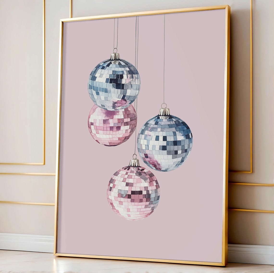 Disco Ball Christmas Ornaments Pink Blush Watercolor Party Print