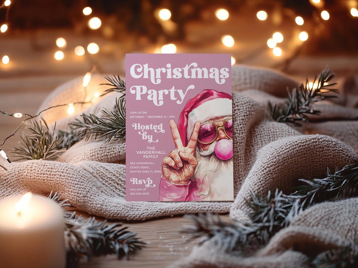 Pink Santa Christmas Party Invitation Retro Holiday Invite Print - Image 3