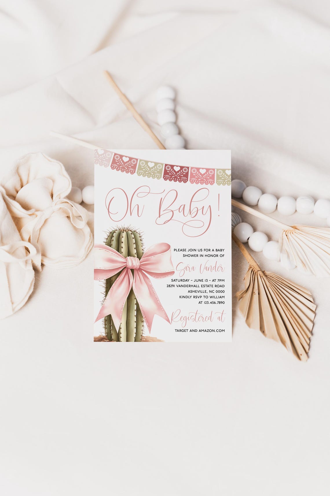 Oh Baby Cactus Pink Bow Baby Shower Invitation Editable Print - Image 3