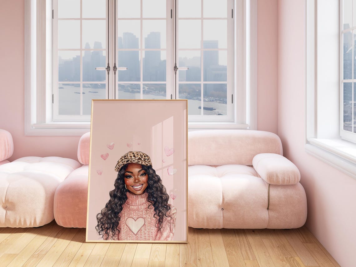 Smiling Black Girl Leopard Beret Pink Heart Sweater Art Poster - Image 2
