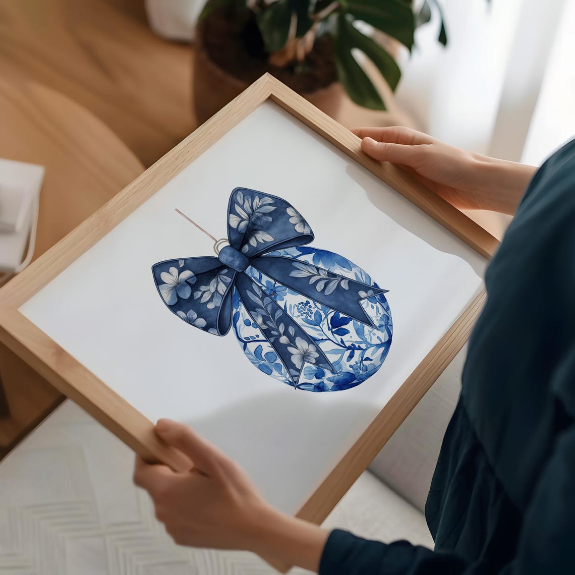 Chinoiserie Christmas Ornament Blue Bow Elegant Holiday Print - Image 2