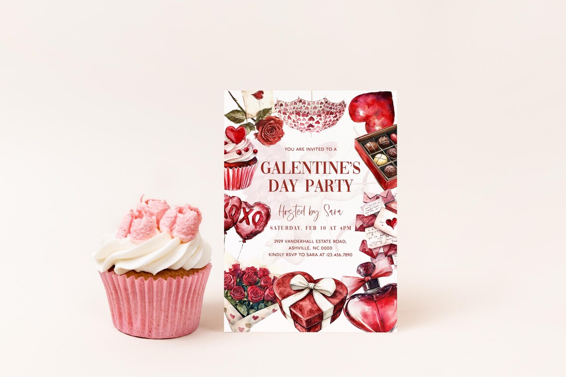 Galentines Day Party Invitation Red Watercolor Collage Template Print - Image 4