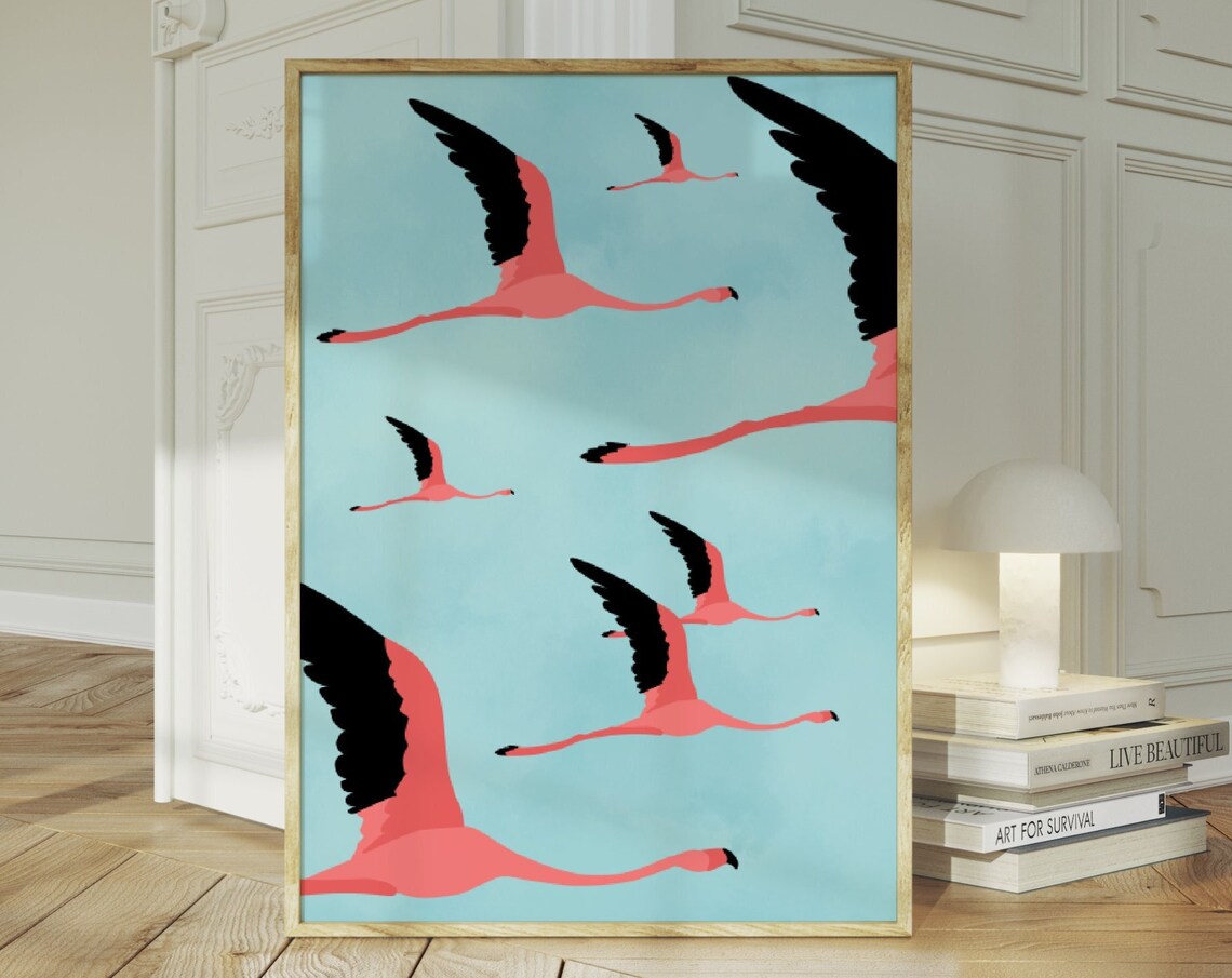 Flying Pink Flamingos on Turquoise Sky Retro Tropical Bird Poster
