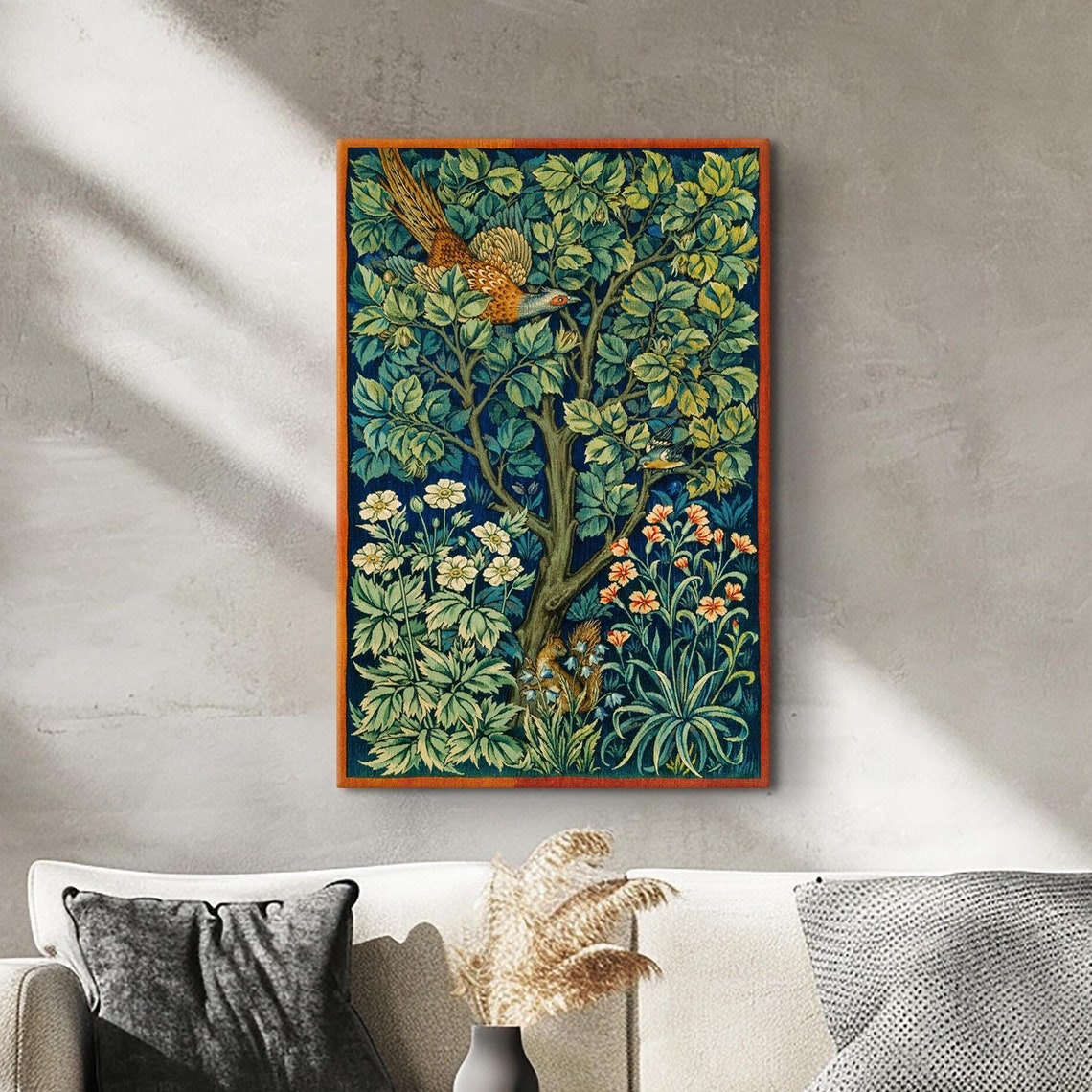 William Morris Woodpecker Bird in a Flowering Tree Textile Poster