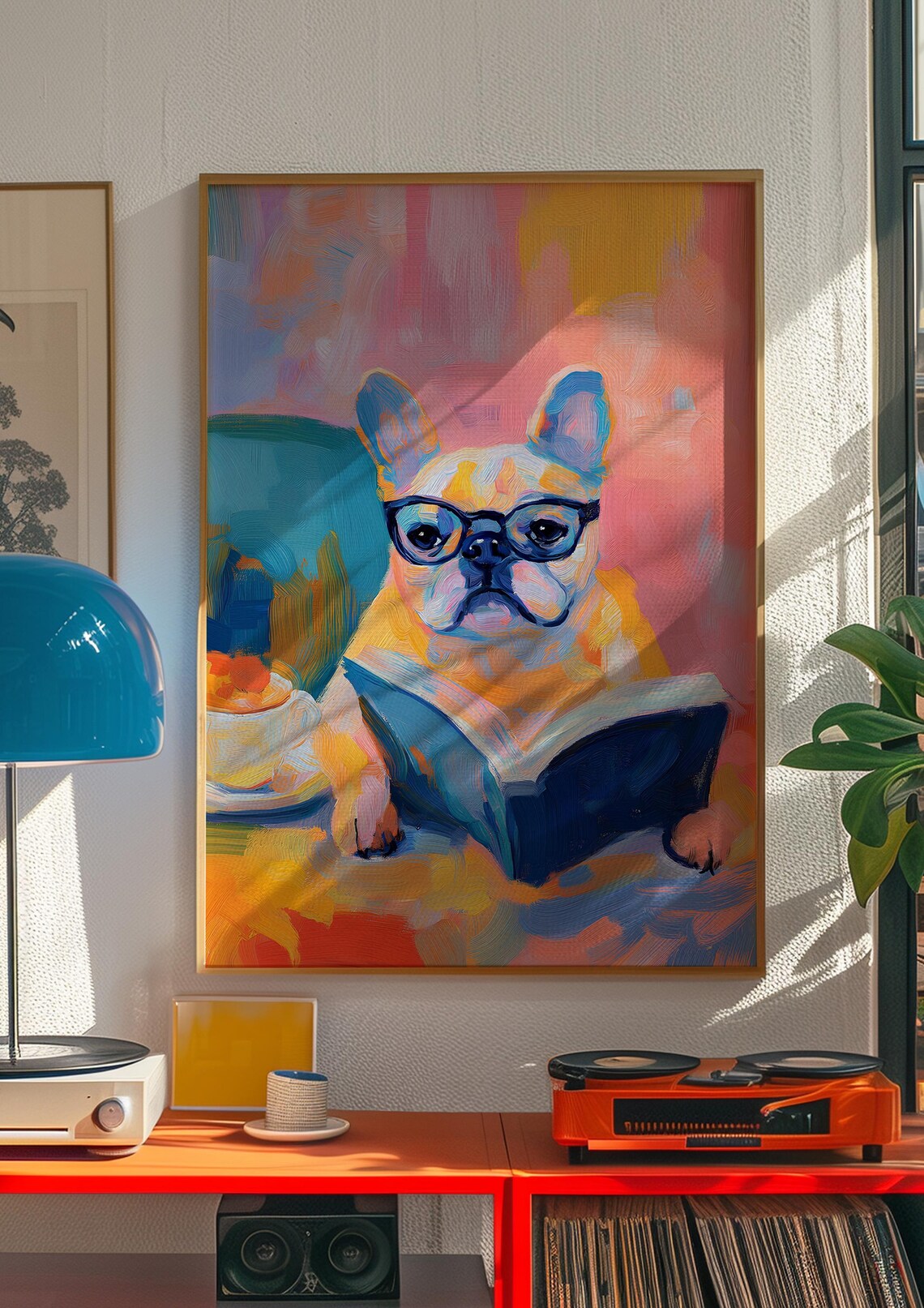 French Bulldog in Glasses Reading a Book with a Coffee Cup Poster - Image 3