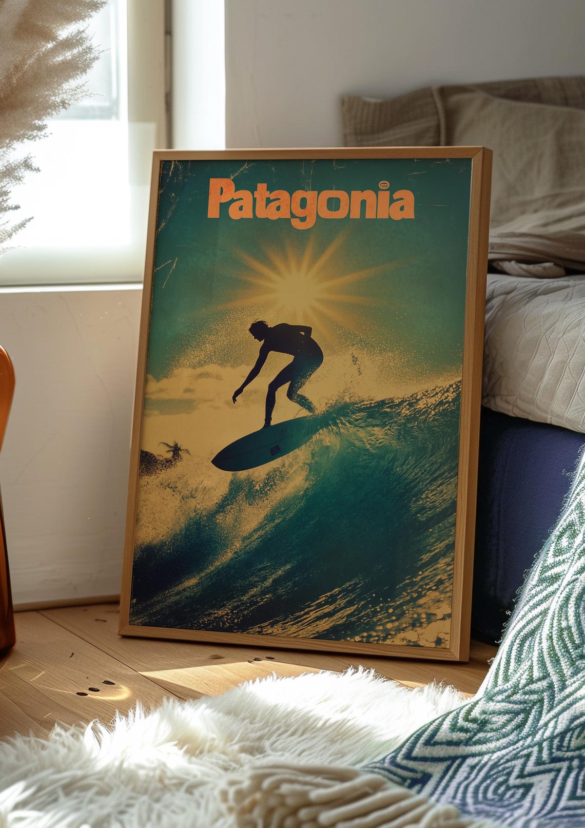 Patagonia Sunset Surf Poster with Silhouetted Surfer on Big Wave - Image 3