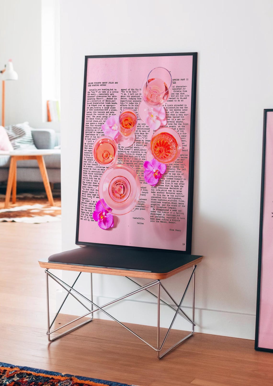 Pink Rose Cocktail Glasses Poster with Orchids on Vintage Paper - Image 3