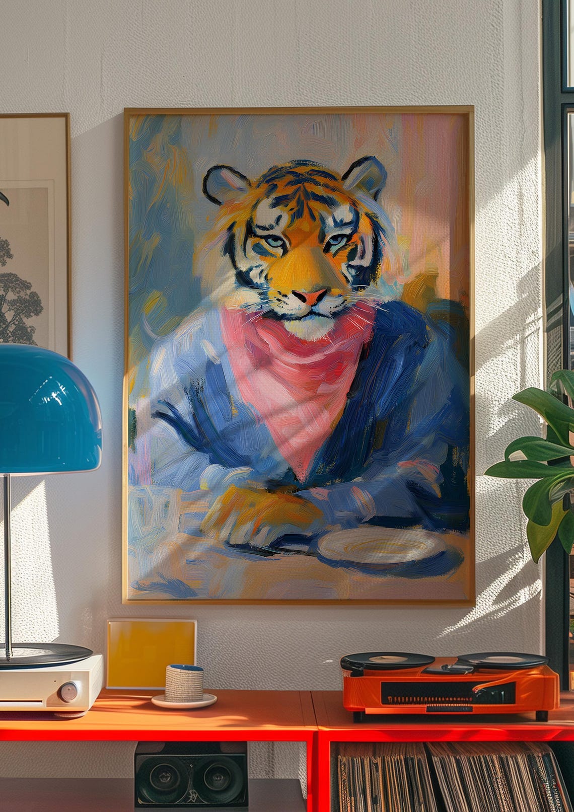 Tiger in a Blue Robe and Pink Scarf Dining Portrait Art Poster - Image 2