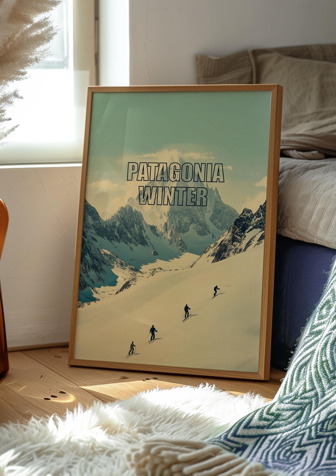 Patagonia Winter Snowy Mountain Poster with Skiers and Peaks - Image 3