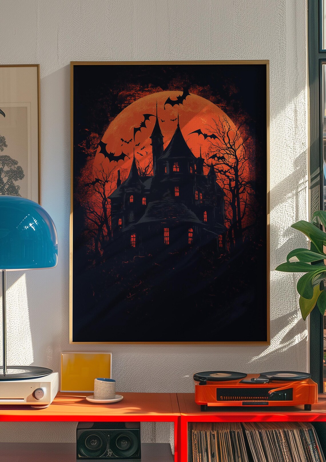 Haunted House Giant Orange Moon Bats Halloween Horror Night Poster - Image 3