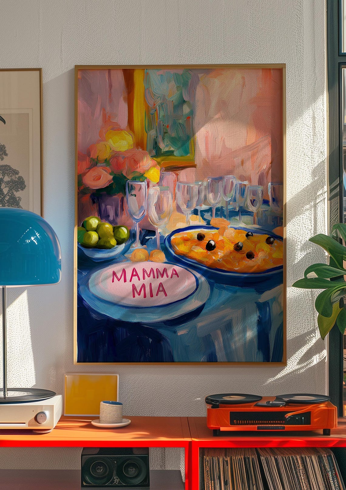 Mamma Mia Italian Feast Pizza Olives and Wine Glasses Poster - Image 3