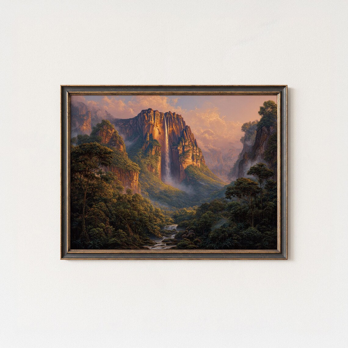Angel Falls Tepui Cliff Golden Sunset Jungle Painting Poster