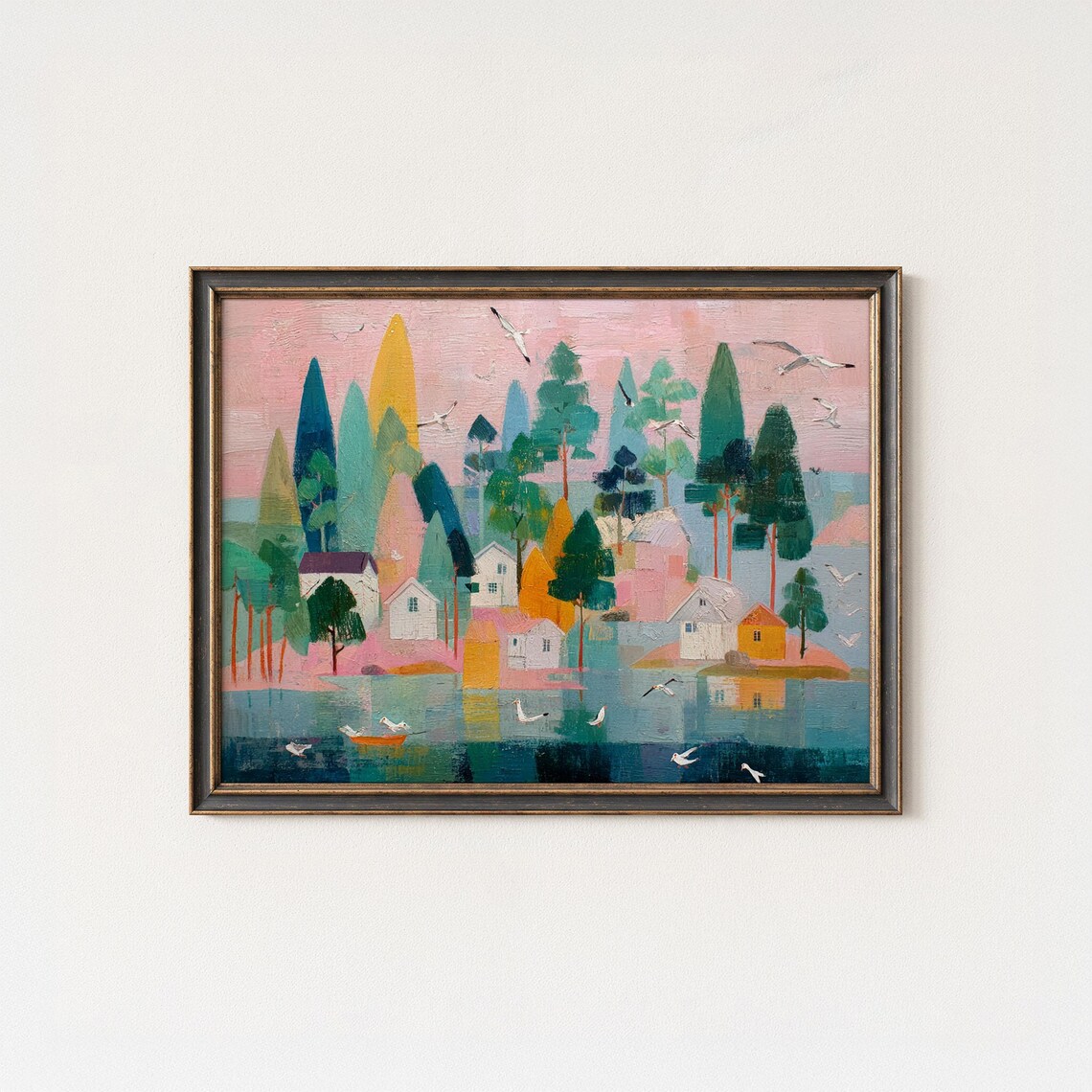 Scandinavian Folk Art Lakeside Village Seagulls Colorful Houses Poster