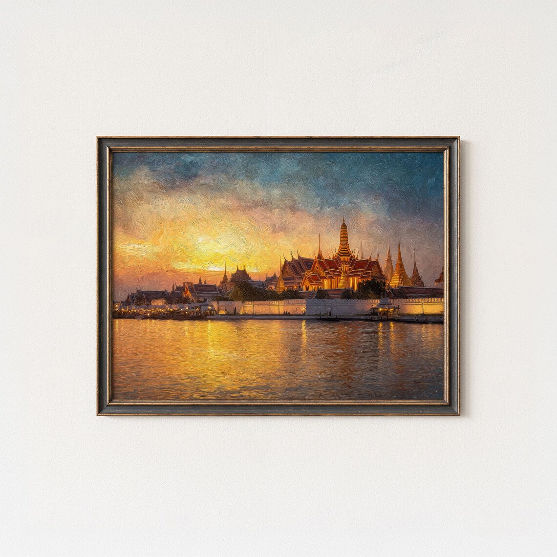 Grand Palace Bangkok Golden Sunset Temple River Scene Poster