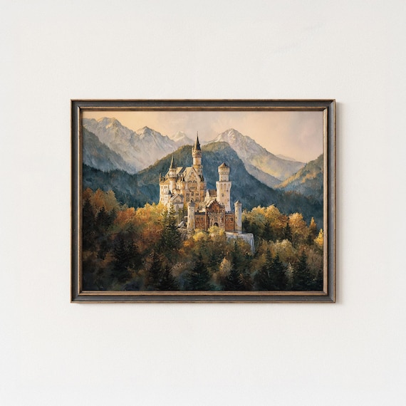 Neuschwanstein Castle Sunset Art Print, Bavarian Landscape
