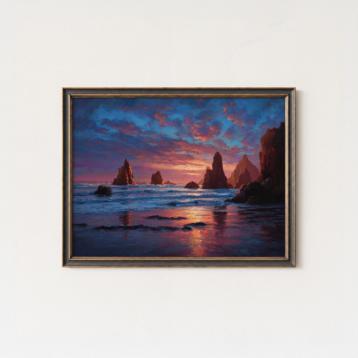 Rocky Shoreline Sunset Ocean Waves Purple Sky Oil Painting Poster