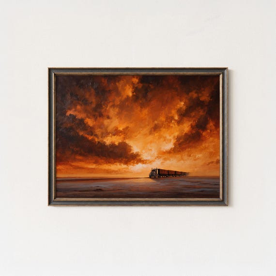 Outback Road Train Art Print Fiery Sunset Australian Landscape Truck Painting
