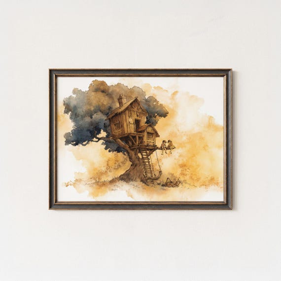 Children In Treehouse Wall Art Print Whimsical Childhood Nostalgia Artwork Vintage Watercolor Summer Playroom Nursery Decor
