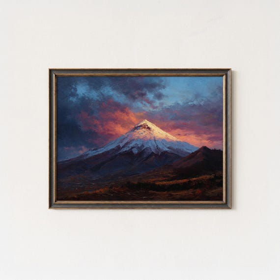 Cotopaxi Volcano Sunset Painting Ecuador Andes Fiery Sky Wall Art