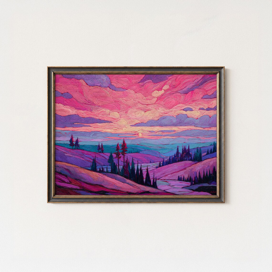 Fauvist Sunset Pine Hills Swirling Pink Sky Expressionist Art Poster
