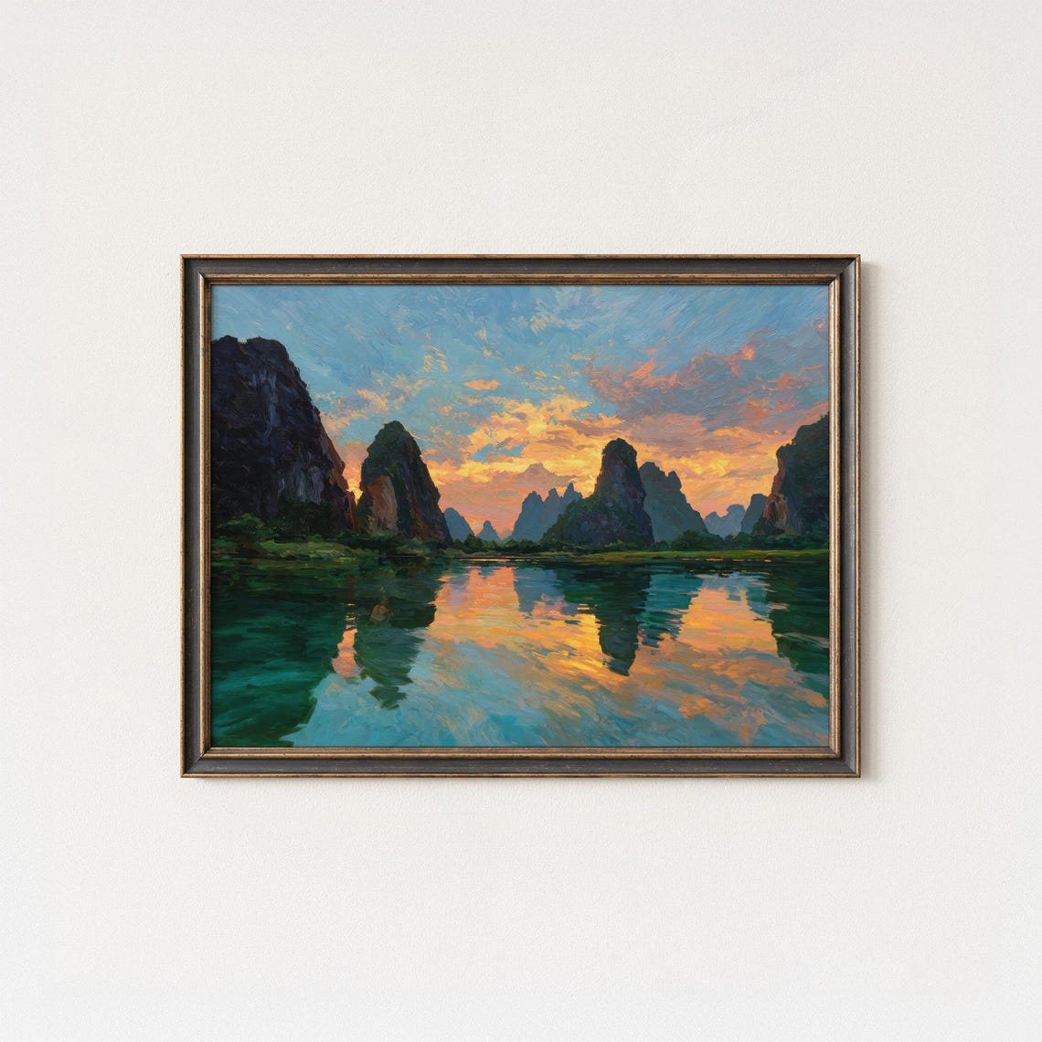 Karst Mountains River Reflection Sunset Landscape Painting Poster