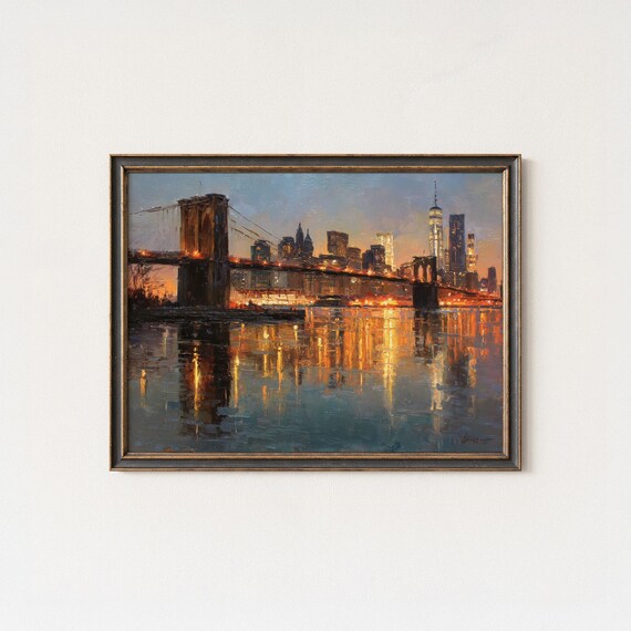 Brooklyn Bridge At Sunset Manhattan Skyline Oil Painting City Print