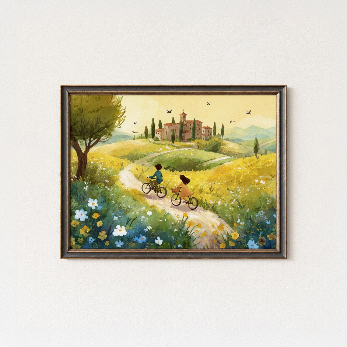 Children Bicycle Ride Flower Path Hilltop Village Storybook Poster