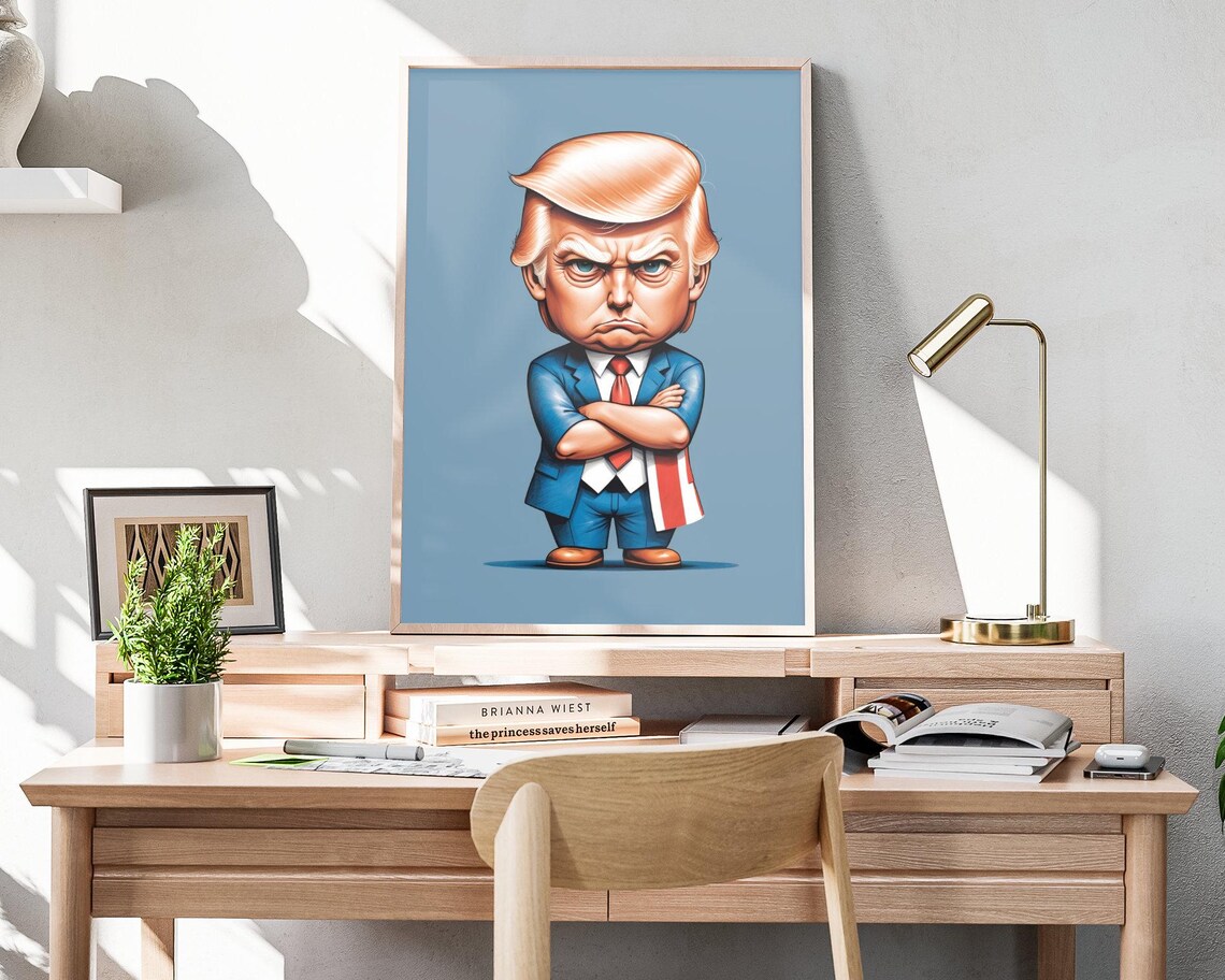 Donald Trump Chibi Caricature Flag Draped Blue Suit Political Poster - Image 4