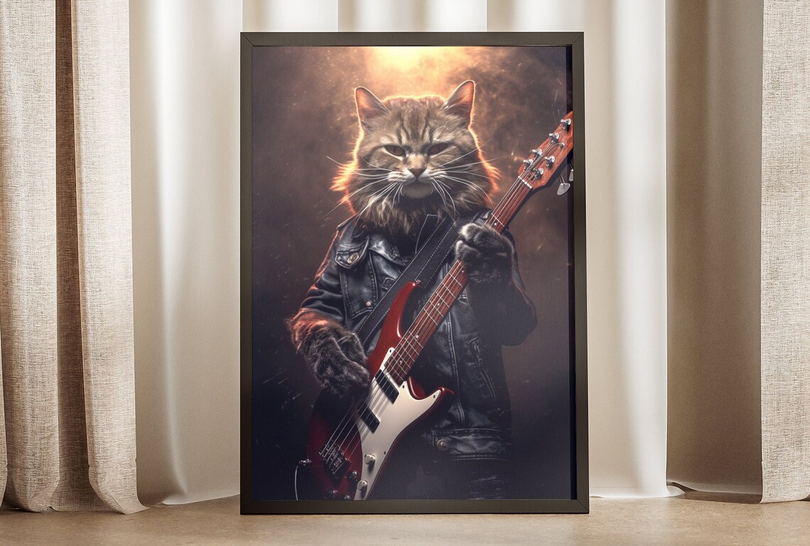 Rock Star Cat Playing Red Electric Guitar Leather Jacket Music Wall Art Poster