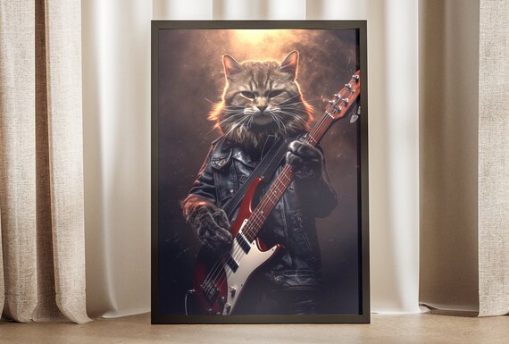 Rock Star Cat Playing Red Electric Guitar Leather Jacket Music Wall Art Poster