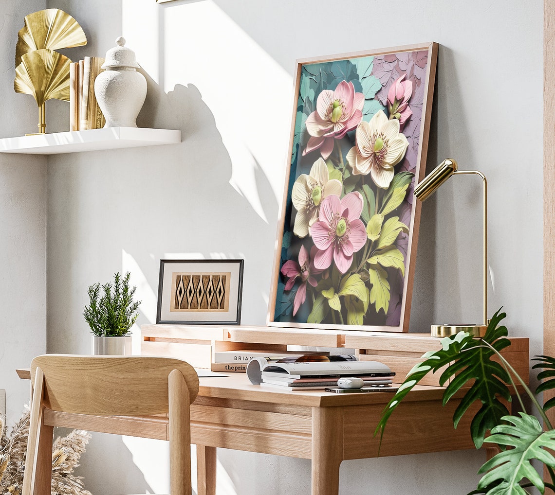 Pink Hellebore Flowers 3D Paper Quilling Floral Spring Wall Art Poster - Image 3