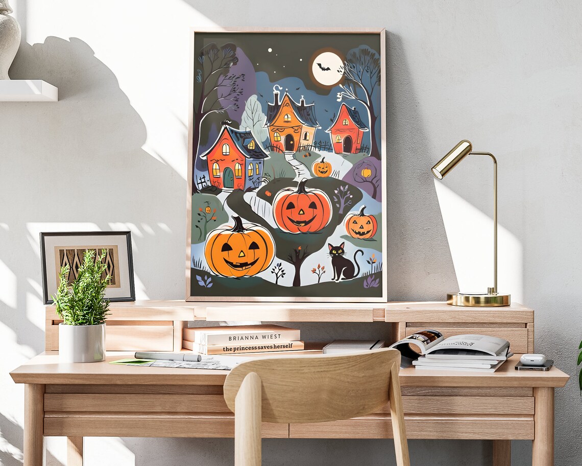 Halloween Village Jack O Lanterns Black Cat Moonlit Night Poster - Image 4