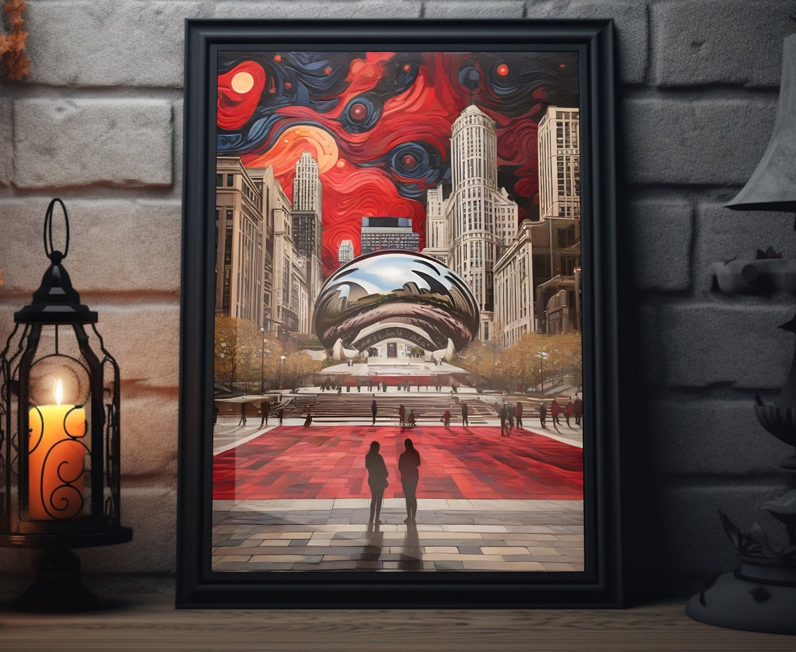 Chicago Millennium Park Cloud Gate Bean Sunset Red Sky City Art Poster