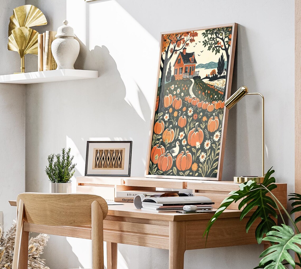 Orange Farmhouse On Hill Surrounded By Pumpkin Patch Autumn Folk Art Poster - Image 3
