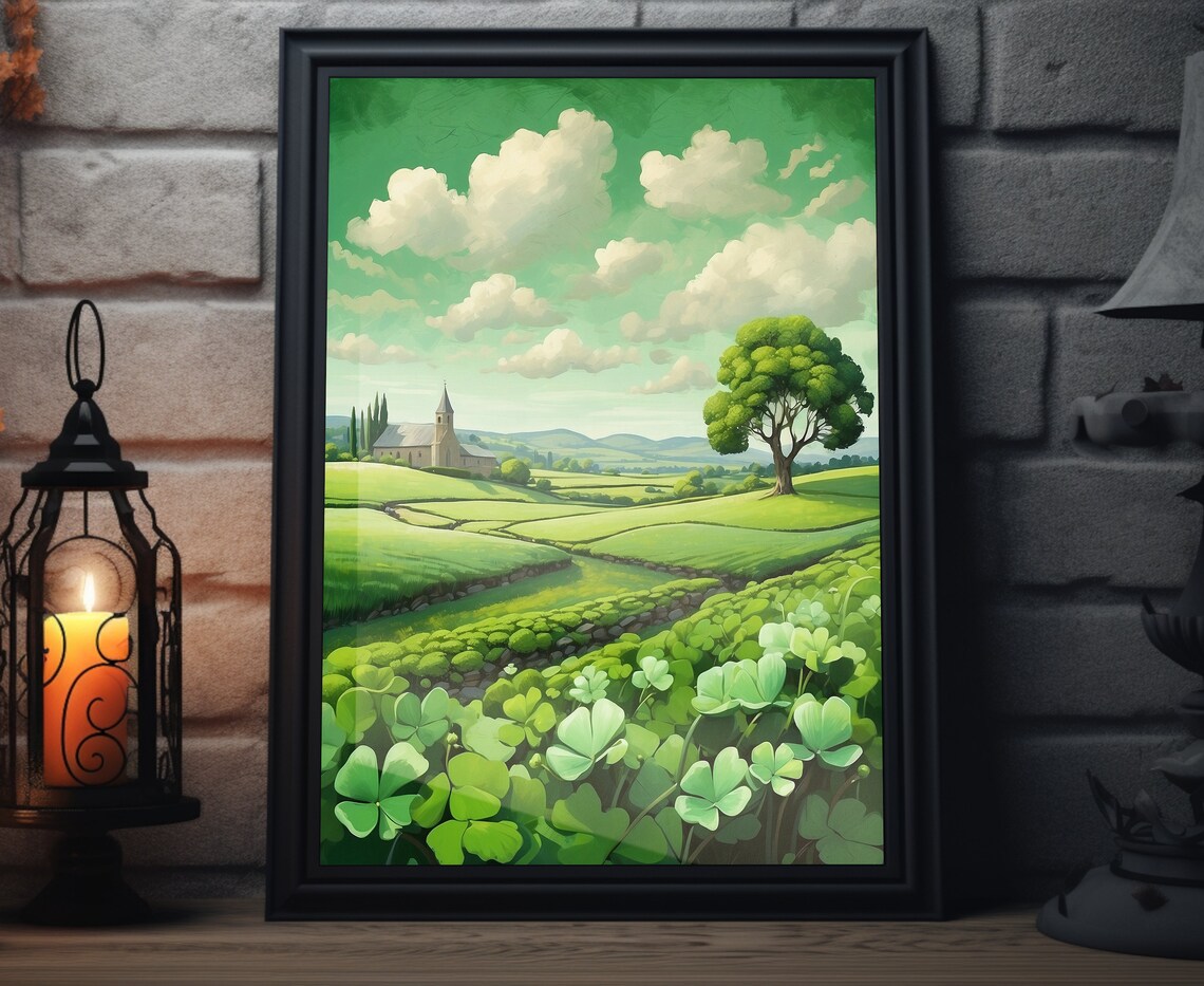 Ireland Green Countryside Shamrocks Church Rolling Hills Folk Art Poster