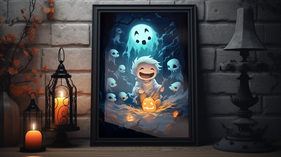 Laughing Little Ghost With Pumpkin Skulls Halloween Night Poster