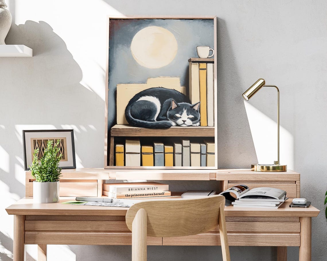 Sleeping Cat Moonlit Bookshelf Books Cozy Library Wall Art Print - Image 4