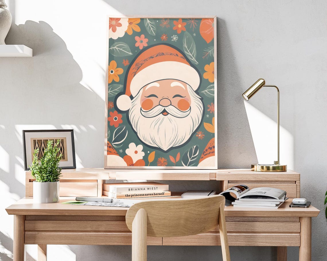 Boho Santa Face Portrait Dark Green Floral Background Holiday Poster - Image 4