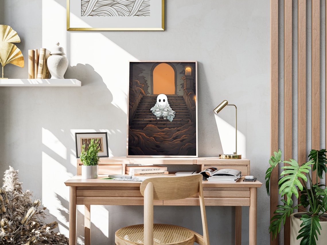 Cute Little Ghost on Stone Steps Sunset Spooky Halloween Poster - Image 4