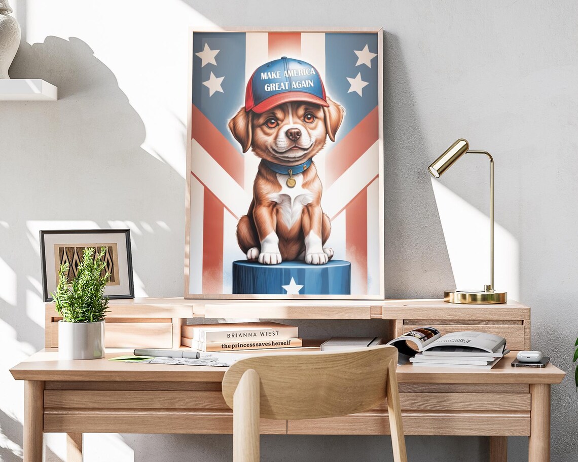 MAGA Puppy Caricature Red Blue Cap American Flag Cute Dog Poster - Image 4