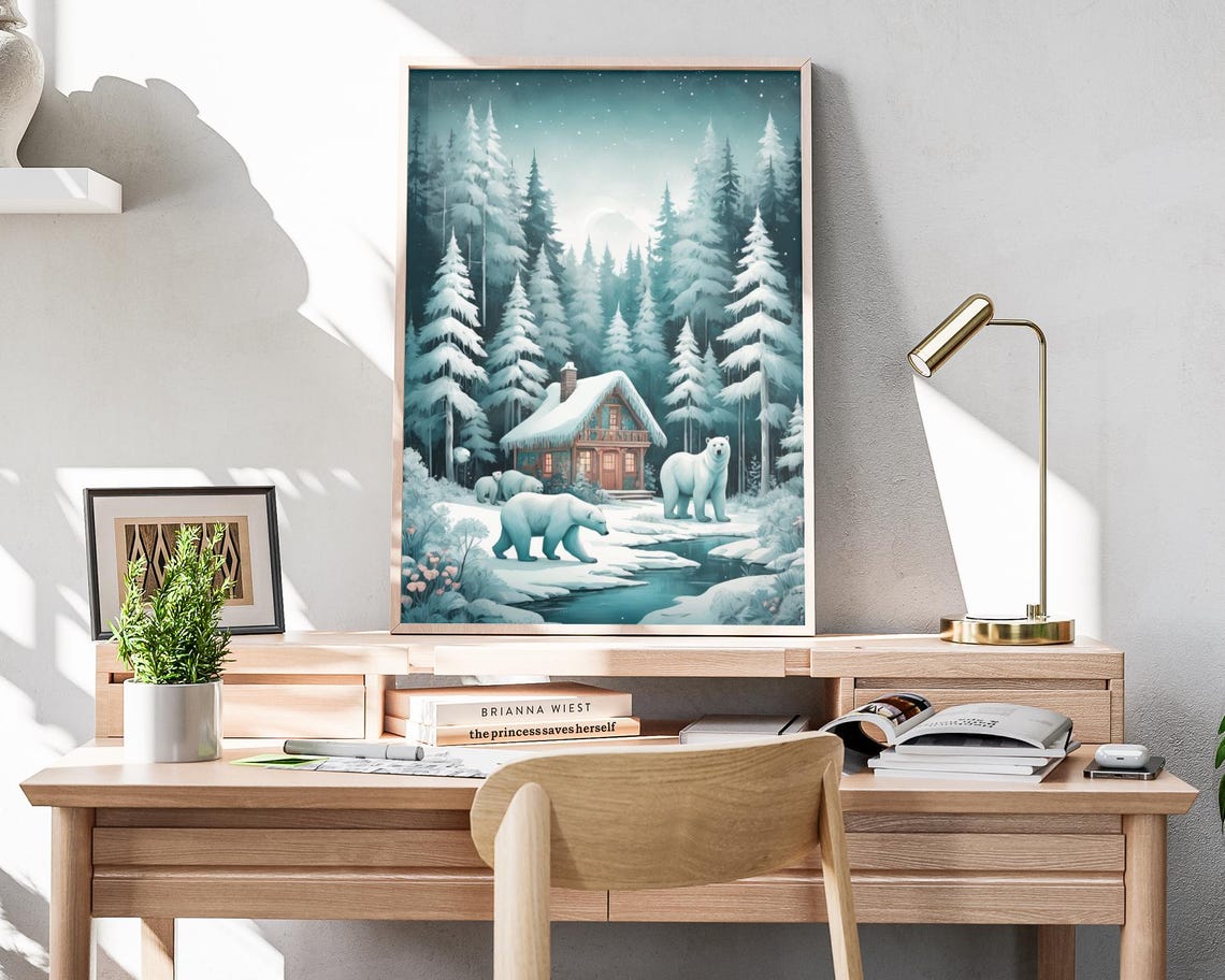 Polar Bear Family In Snowy Winter Forest Cabin Night Art Poster - Image 4