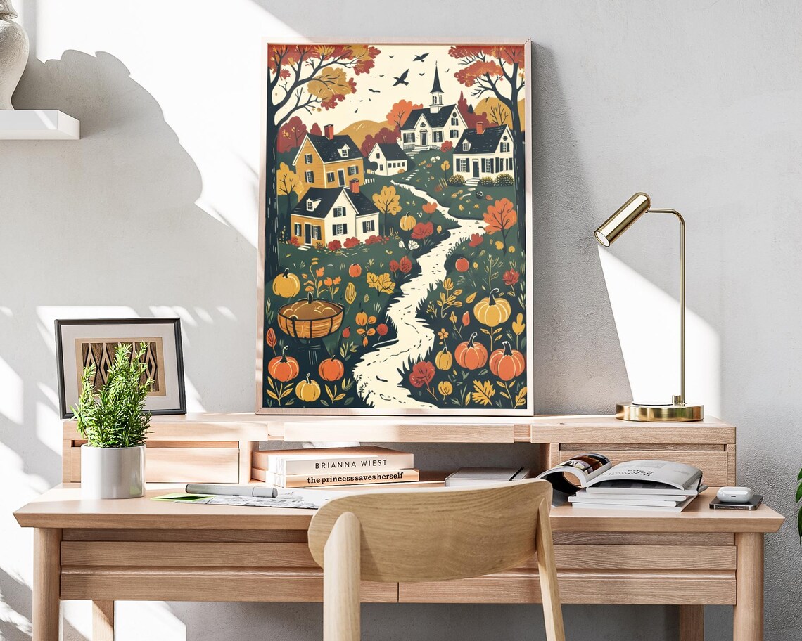 Autumn Village Pumpkin Basket Winding Path Woodcut Art Poster - Image 4