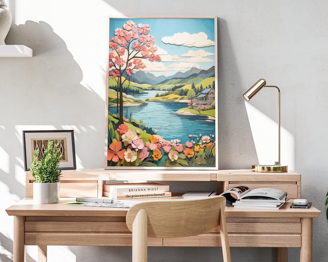 Spring Lakeview Folk Art, Scenic Spring Art Print - Image 4