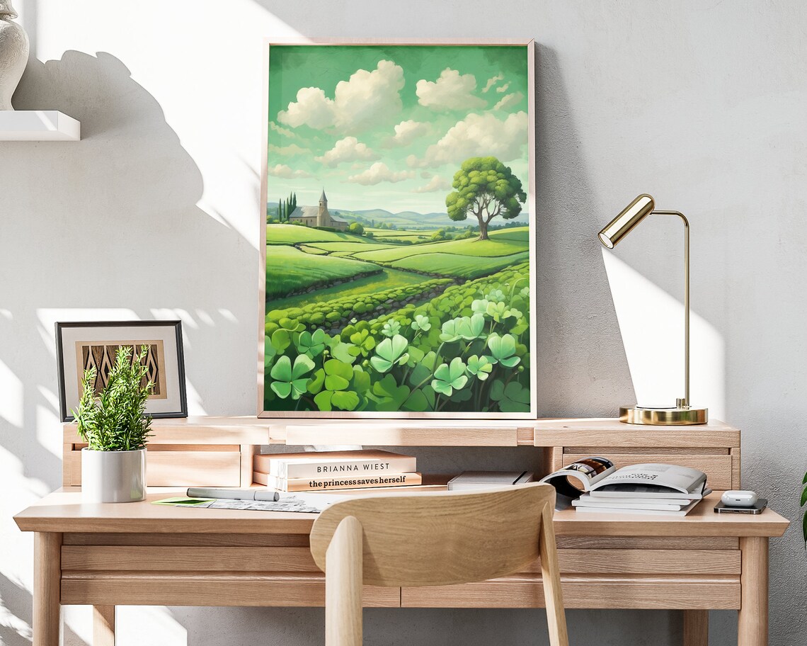 Ireland Green Countryside Shamrocks Church Rolling Hills Folk Art Poster - Image 4