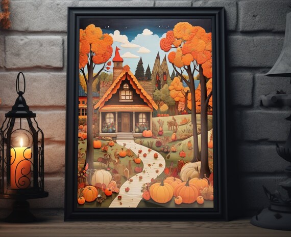 Autumn Cottage Red Roof Pumpkin Path Fall Forest Folk Poster