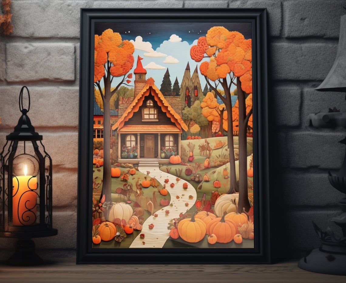 Autumn Cottage Red Roof Pumpkin Path Fall Forest Folk Poster
