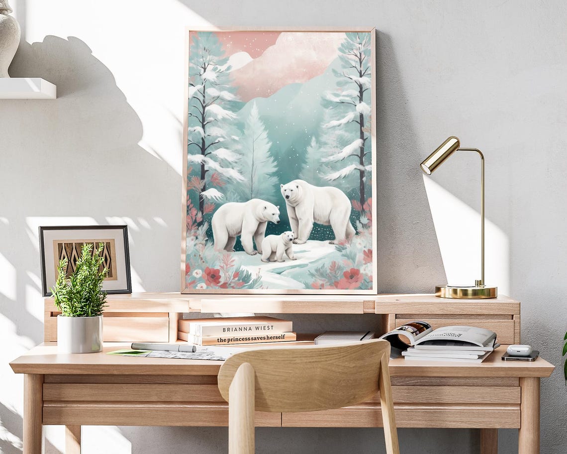 Cute Polar Bear Family In Pastel Snowy Forest Winter Art Poster - Image 4
