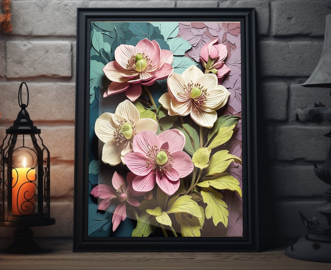 Pink Hellebore Flowers 3D Paper Quilling Floral Spring Wall Art Poster