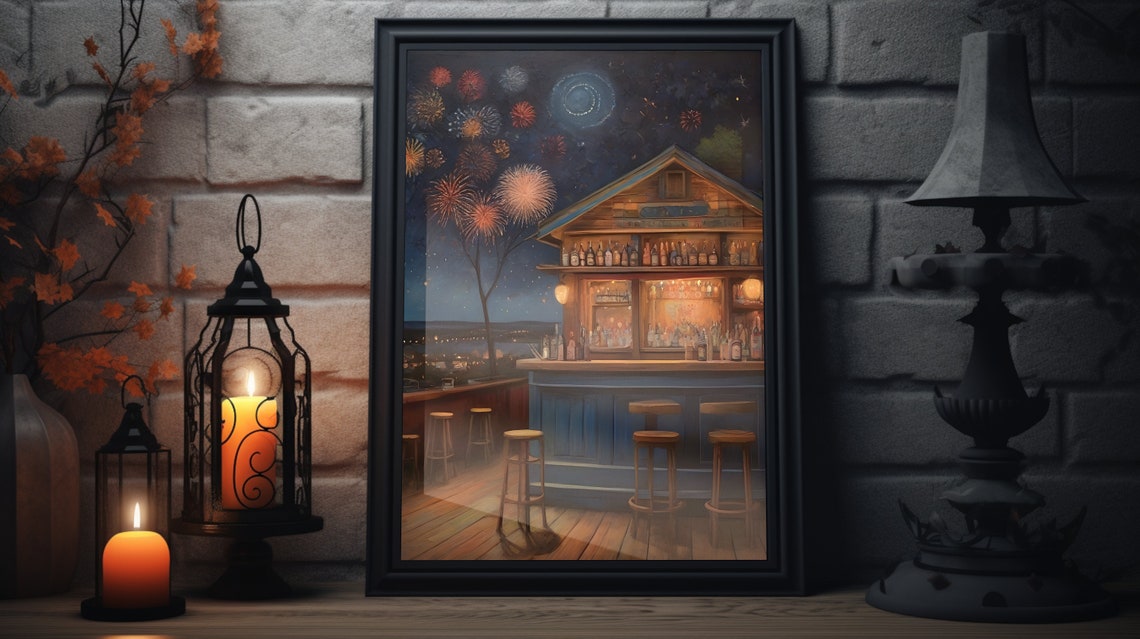 Beach Bar Deck Fireworks Night Ocean Celebration Summer Poster